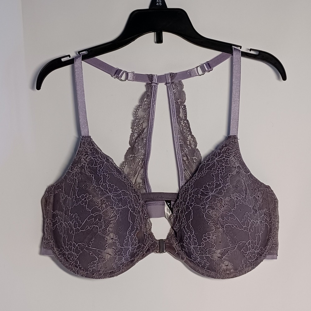 Adore Me 38D Padded Underwire Floral Lace Lavender Bra Front Clasp Racerback T